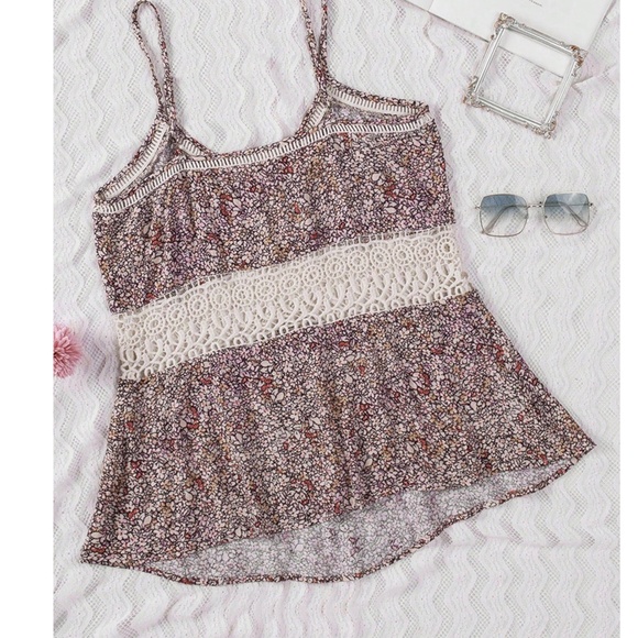Boho Floral Print lace V neck Cami Straps Tank Top - Picture 5 of 6